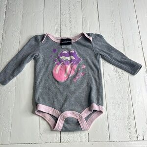 3/6m Rolling Stones, graphic onesie girls grey, purple, white pink